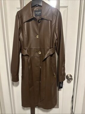 GUESS Brown Faux Leather Trench Coat with Belt